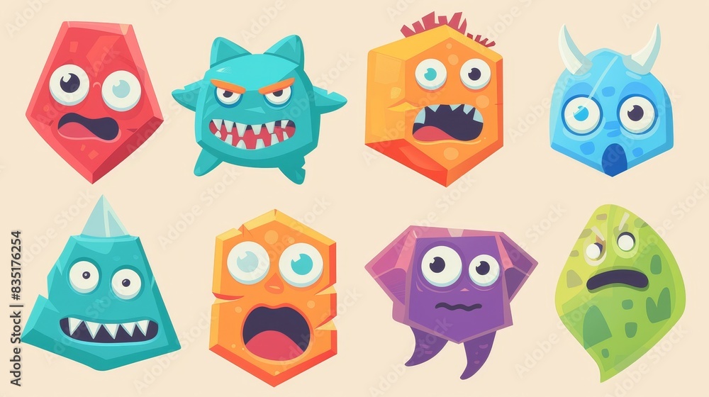 Basic geometric shapes in a brutilistic style with emotions of the face, arms and legs. Cute, funny characters elements. Basic geometric shapes in a brutilistic style with emotions of the face, arms and legs. Cute, funny characters elements.