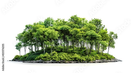 Lush island covered with shady green trees isolated on white background