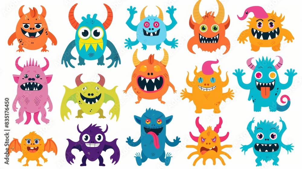 A funny baby character with eyes, horns, teeth, tongues, and fangs. Cute cartoon kawaii scary cartoon character. White background. Isolated. Flat design. A funny baby character with eyes, horns, teeth, tongues, and fangs. Cute cartoon kawaii scary cartoon character. White background. Isolated. Flat design.