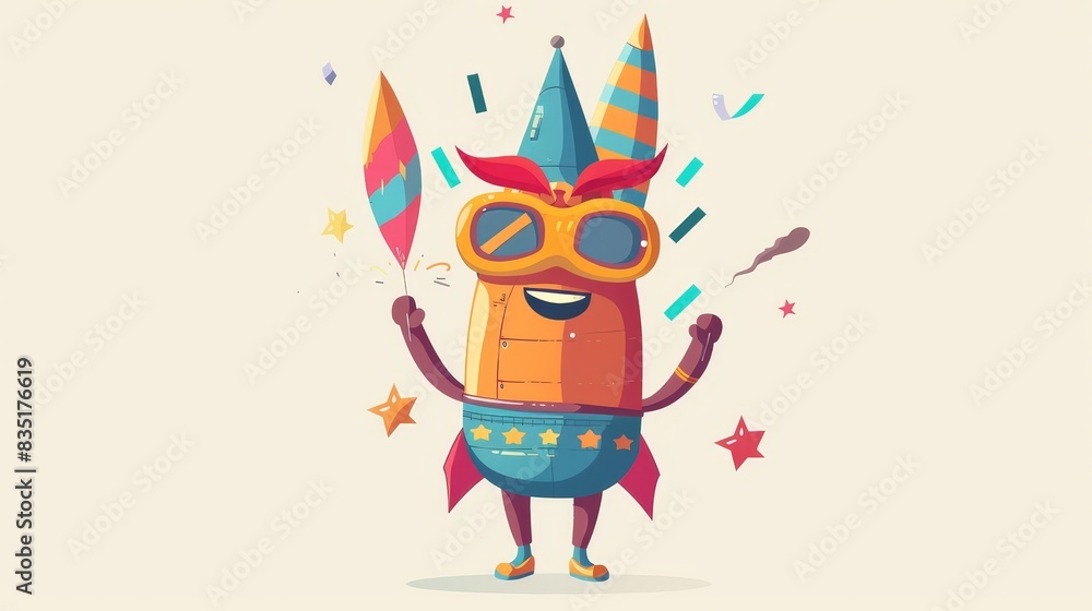 Detailed retro cartoon firework character. A vibrant rocket or petard character depicts the groove of 60s and 70s with a psychedelic smile, embodying the carefree funky spirit of the 60s and 70s. Detailed retro cartoon firework character. A vibrant rocket or petard character depicts the groove of 60s and 70s with a psychedelic smile, embodying the carefree funky spirit of the 60s and 70s.