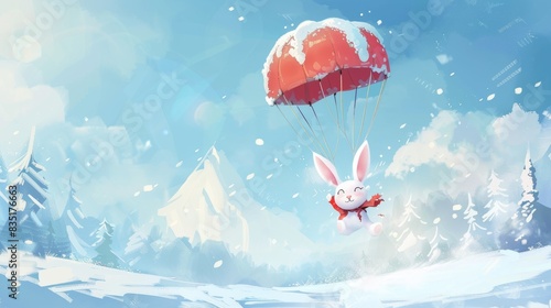 Holiday clipart with cartoon character with hare flying with parachute in watercolor