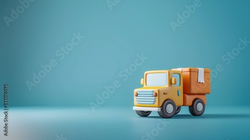 Cute toy delivery truck model on a blue background, ideal for children's playtime, transportation concepts, and creative designs. 3D Illustration. photo