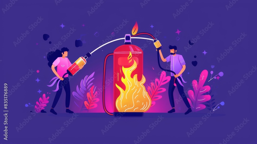 Using a fire extinguisher to extinguish a fire protection. Small firefighters extinguishing the flame. Rescuer. Fire prevention technologies. Alarm. Flat illustration. Using a fire extinguisher to extinguish a fire protection. Small firefighters extinguishing the flame. Rescuer. Fire prevention technologies. Alarm. Flat illustration.