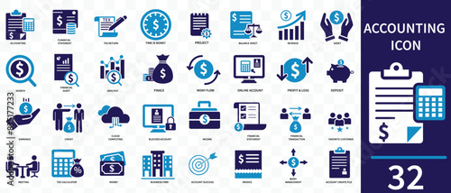 Accounting icon set. Containing financial statement, accountant, financial audit, invoice, tax calculator, business firm, tax return, income and balance sheet icons. Solid icon collection