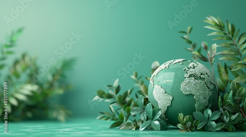 Eco-friendly concept showing a globe surrounded by lush green foliage, emphasizing environmental conservation and nature protection. 3D Illustration.