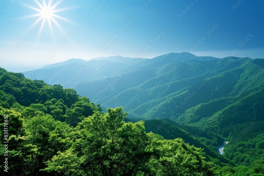 Serene mountain landscape with lush greenery and sunburst Serene mountain landscape with lush greenery and sunburst