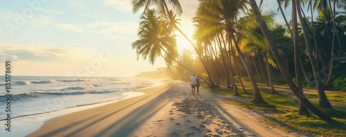 A couple walks hand-in-hand down the path, surrounded by the lush greenery of the boiled coconut. The ocean is visible on the left