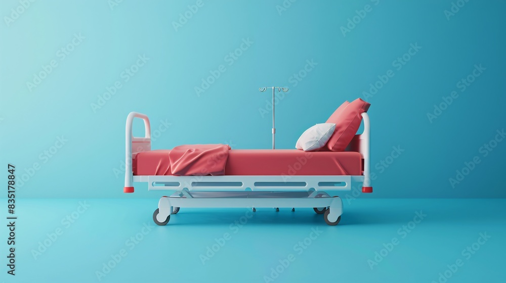 Empty hospital bed with red sheets and pillows in a minimalist room with blue walls. Healthcare, medical facilities, clean environment. 3D Illustration. Empty hospital bed with red sheets and pillows in a minimalist room with blue walls. Healthcare, medical facilities, clean environment. 3D Illustration.