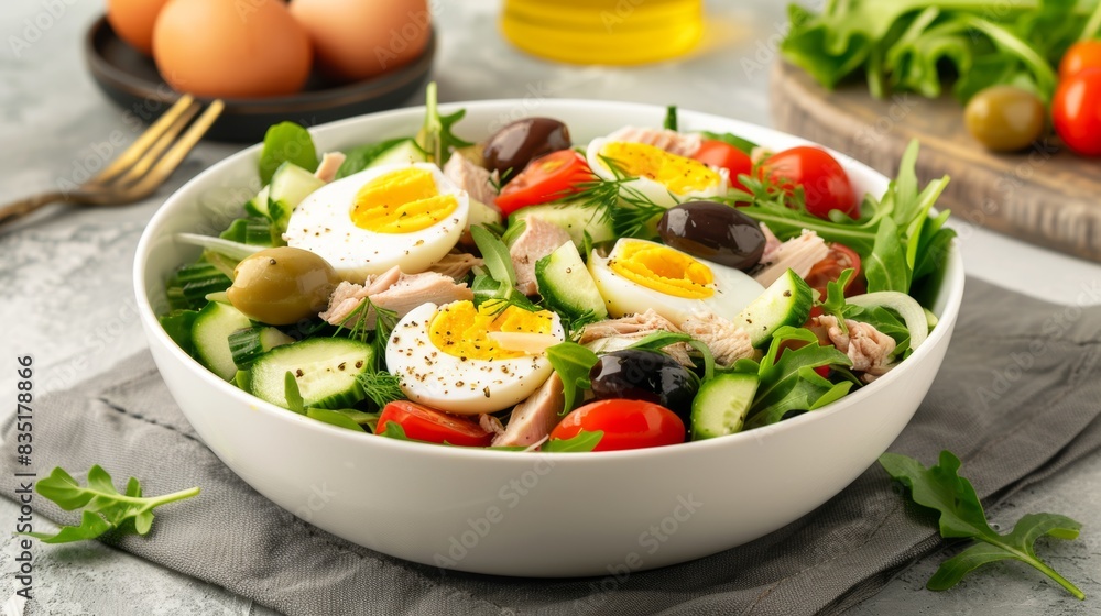 Fresh tuna salad with eggs, olives and mixed vegetables Fresh tuna salad with eggs, olives and mixed vegetables
