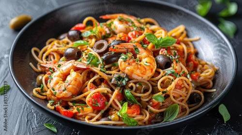 Italian pasta with shrimp and olives served on a black dish