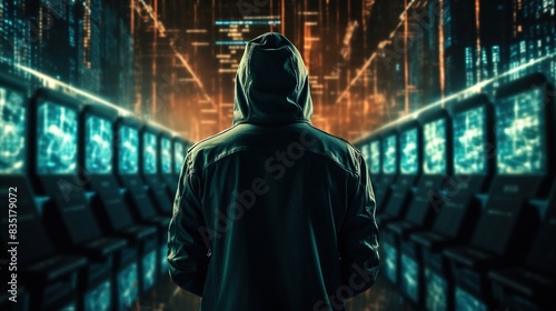 Anonymous Robotic Hacker in Action: Conceptual Portrait Depicting Cybersecurity Breach, Cybercrime, and Cyberattack. Futuristic Technology, Digital Espionage, and Artificial Intelligence in the Dark 