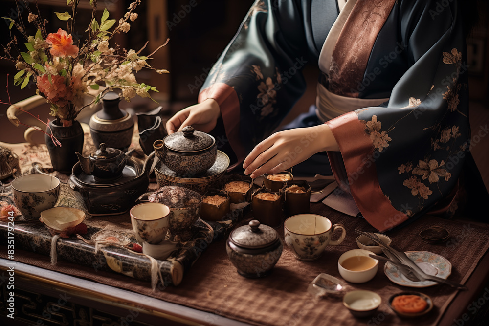 Fototapeta premium a traditional tea ceremony with intricate details and cultural elements