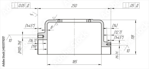 Assembly drawing of reducer cover.
Vector drawing of steel mechanical detail with
 bolted connection and dimension lines.
Engineering cad scheme. Technical template. 