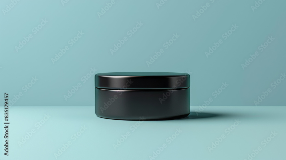 A black jar sits on a blue surface A black jar sits on a blue surface