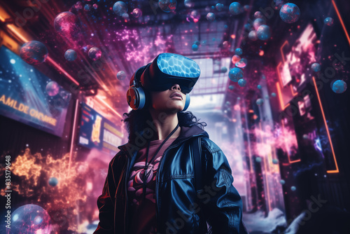 a person fully immersed in a VR experience with futuristic surroundings