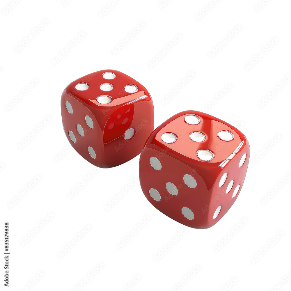 Two red dice with white dots, isolated on a white background, representing chance, luck, and gaming in a minimalist style ,isolated on a transparent background. Two red dice with white dots, isolated on a white background, representing chance, luck, and gaming in a minimalist style ,isolated on a transparent background.
