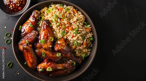 Top view of a bowl of jasmine rice next to a bowl of succulent pork belly, isolated background, studio lighting