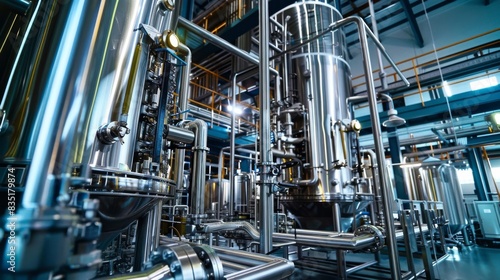 A large industrial plant with yellow tanks and pipes