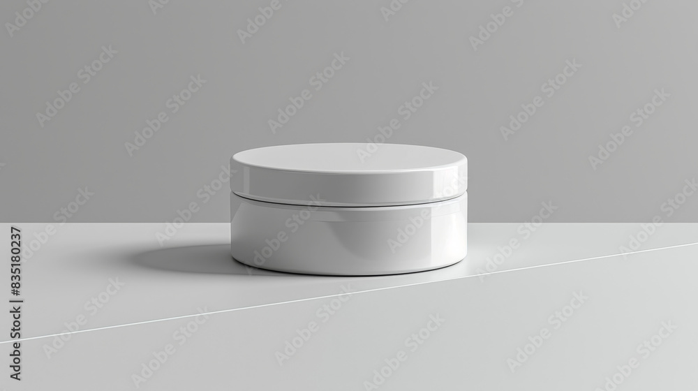 A white jar with a lid sits on a table A white jar with a lid sits on a table