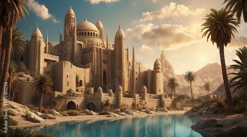 Beautiful fantasy game art  medieval castle between oasis and desert  wallpaper