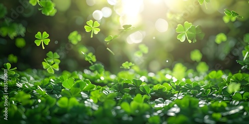 St Patrick's Day Background with Flying Clover Leaves and Greetings. Concept St Patrick's Day, Clover Leaves, Greetings, Festive Backgrounds photo