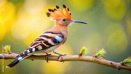 A Eurasian hoopoe bird perched on a beautiful branch against a light background, Eurasian hoopoe, Upupa epops, bird, branch, nature, wildlife, colorful, feathers, exotic, ornithology, perched photo