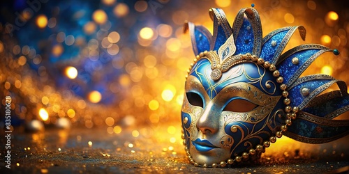 Luxury blue and golden carnival mask with abstract blurred golden background, Venice, carnival, mask, luxury, blue, golden, abstract, blurred, background, event, celebration, festive photo
