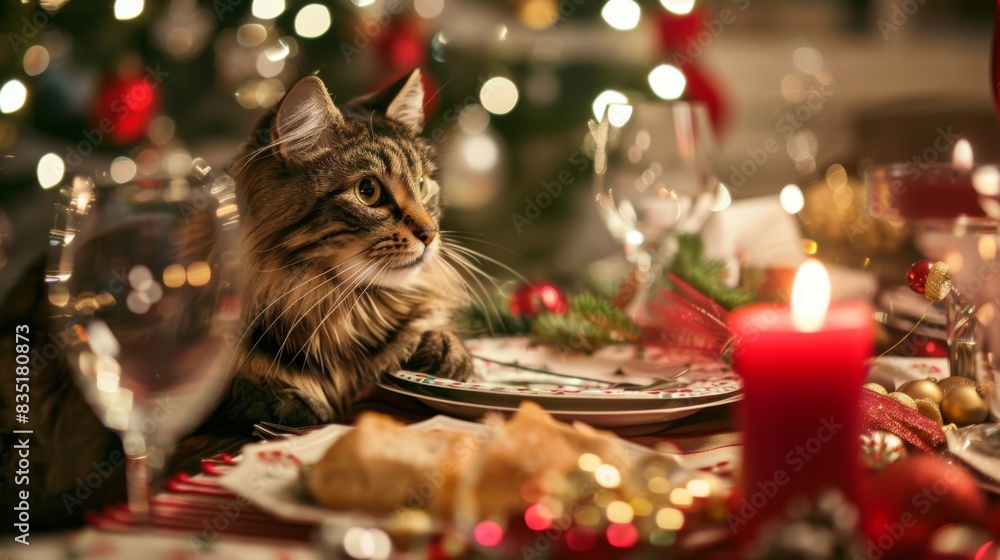 Obraz premium Cat sitting at a festive holiday table, adorned with decorations, with a feast laid out, creating a warm and celebratory scene.