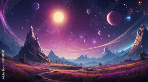 Panoramic wallpaper beautiful view of violet alien planet © Damian Sobczyk