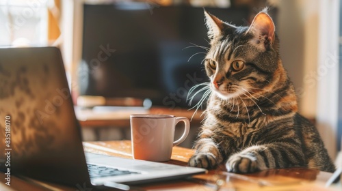 Cat sitting at a table with a laptop and a coffee mug, mimicking a work-from-home scenario, in a stylish home office. © Plaifah
