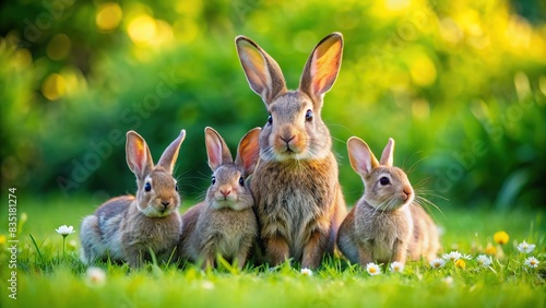 Family of rabbits enjoying a day on green grass , rabbits, family, mother, baby, grass, nature, wildlife, cute, fluffy, adorable, mammals, animal, outdoors, playful, harmony, love © surapong