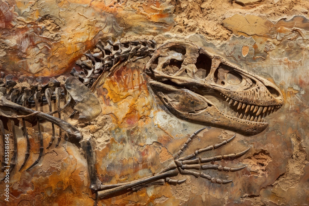 Fototapeta premium Close-up of a dinosaur skeleton fossil embedded in rock with earthy tones. Macro shot of ancient remains with detailed texture. Design for poster, print, wallpaper, banner. Generative AI