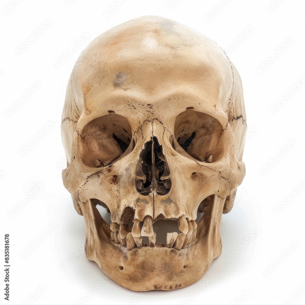 Fototapeta premium Front view of a human skull on a white background. Studio photography. Anatomy and science concept. Generative AI