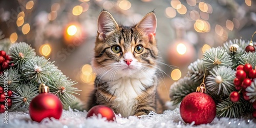 Christmas themed portrait of a cute and adorable kitty cat surrounded by festive ornaments and a winter background, Cat, Christmas, Cute, Adorable, Kitty, Ornaments, Winter, Festive, Holiday