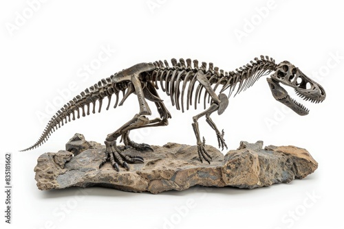 Dinosaur skeleton model mounted on rock base against white background. Side view of prehistoric fossil replica. Design for poster  print  wallpaper  banner. Generative AI