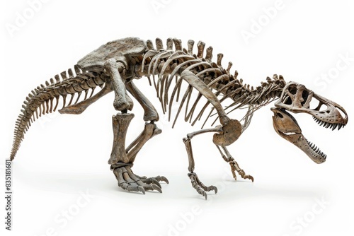 Dinosaur skeleton model displayed on white background. Side view of prehistoric fossil replica in a walking pose. Design for poster  print  wallpaper  banner. Generative AI
