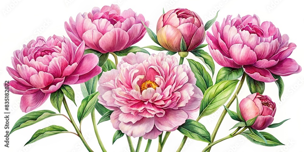 Realistic watercolor of a set of pink peonies flowers, peonies, pink, flowers, delicate, realistic, watercolor, drawing,nature, floral, bloom, botanical, garden, petals, bouquet, elegant