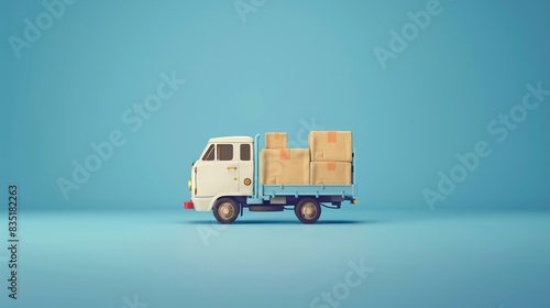 Mini truck with cardboard boxes on a blue background, representing delivery and logistics services. Ideal for business and shipping concepts. 3D Illustration. photo