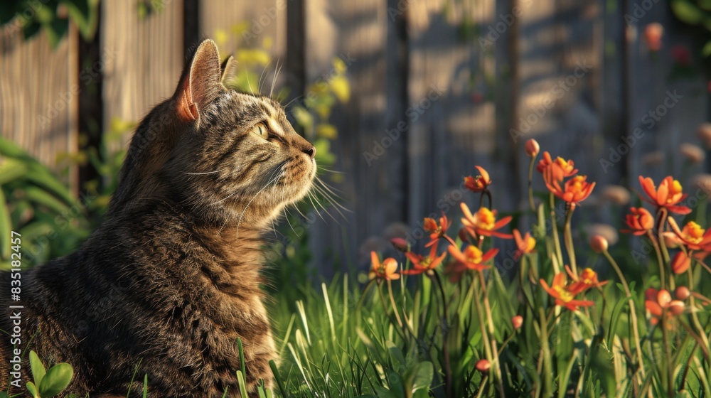 Obraz premium Chubby cat exploring a backyard, sniffing flowers and enjoying the outdoors, with green grass and a wooden fence in the background.