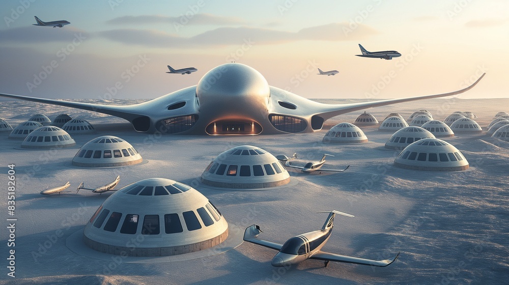 A futuristic airport with an aircraft taking off and landing from the landing pads. A futuristic airport with an aircraft taking off and landing from the landing pads.