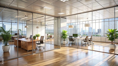 Bright, spacious office interior with glass partitions and minimalist aesthetic, flooded with natural light, office, interior, bright, shiny, spacious, glass partitions, minimalist photo