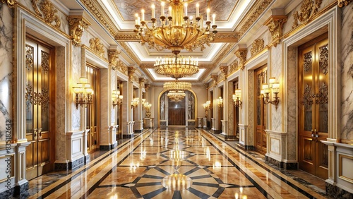 Luxurious marble hallway adorned with golden accents and chandeliers , opulence, grand, marble, hallway, golden, accents, sparkling, chandeliers, elegant, luxurious, extravagant, exquisite photo