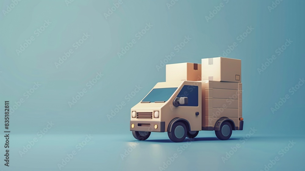 Minimalist 3D illustration of a small moving truck with cardboard boxes on a light blue background. 3D Illustration. Minimalist 3D illustration of a small moving truck with cardboard boxes on a light blue background. 3D Illustration.