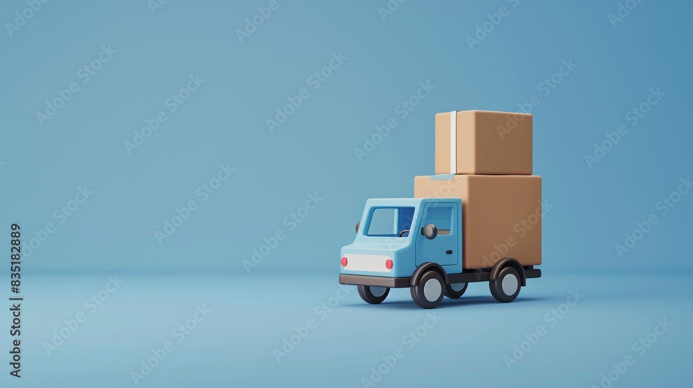 Minimalist animation of a toy truck carrying two cardboard boxes on a blue background. Ideal for logistics or delivery concept. 3D Illustration. Minimalist animation of a toy truck carrying two cardboard boxes on a blue background. Ideal for logistics or delivery concept. 3D Illustration.