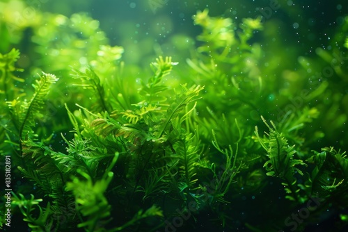 Close-up photograph of vibrant green aquatic plants underwater. Macro shot with a detailed and fresh style. Nature and plant life concept for design and print. Poster and wallpaper. Generative AI