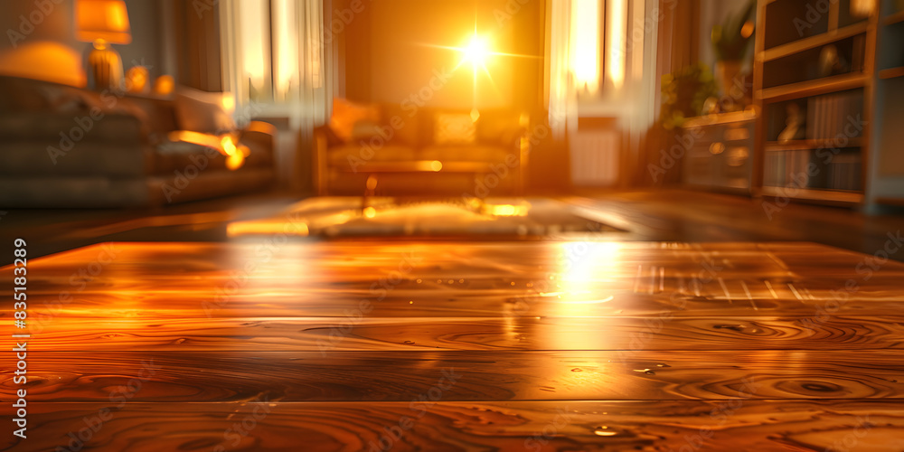 Polished cherry wood table with warm spotlight, against a blurred cozy living room scene, ideal for home decor or comfortable furniture Polished cherry wood table with warm spotlight, against a blurred cozy living room scene, ideal for home decor or comfortable furniture