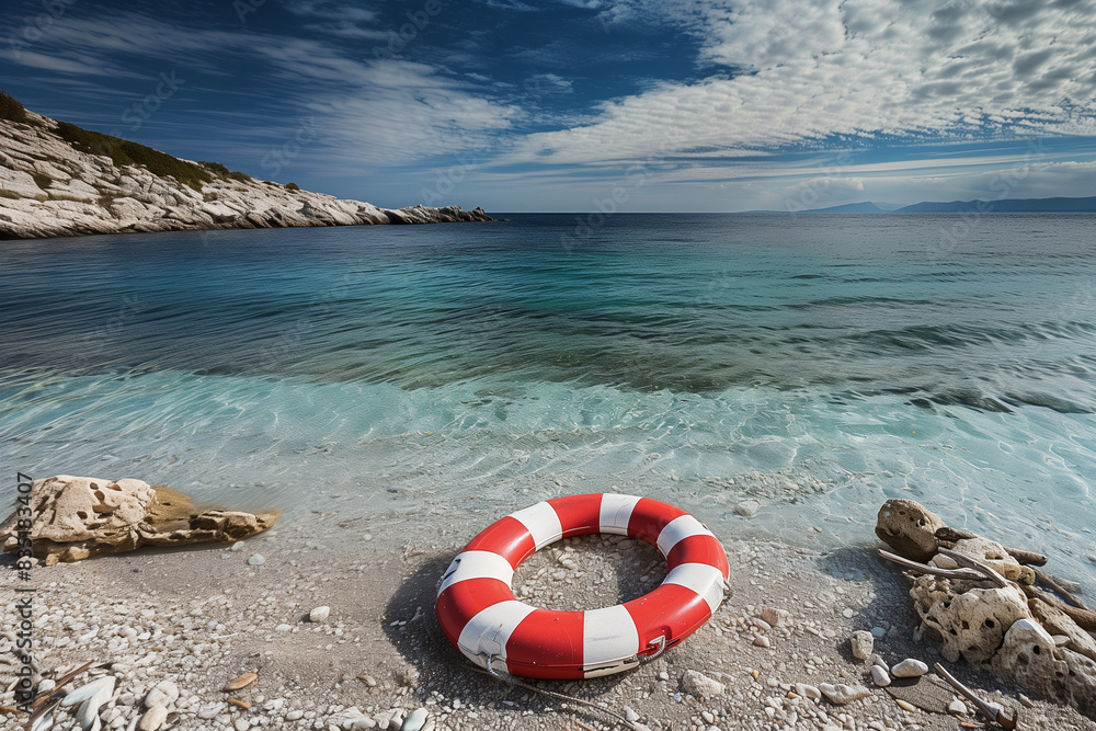 Naklejka premium Photorealistic image of a lifebuoy on a beach, with gentle waves approaching, surrounded by seaweed and small rocks, under a bright blue sky