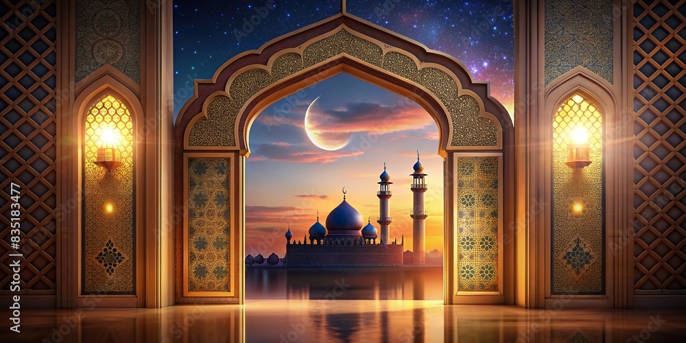 rendering of a beautiful Ramadan Kareem background featuring a mosque door , Ramadan, Kareem, background, rendering, mosque, door, Islamic, celebration, religion, spiritual, holy month