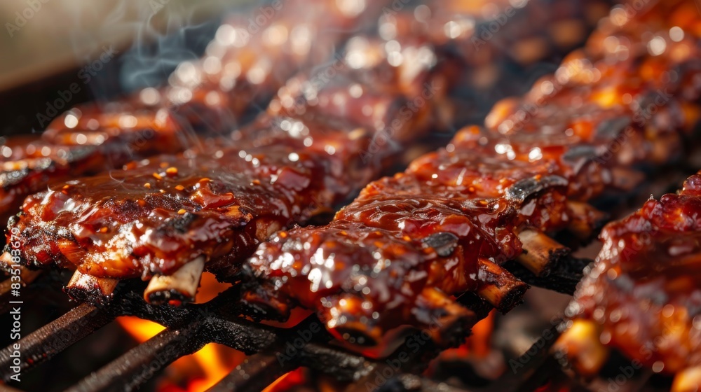Close-up of juicy pork ribs marinated in a savory sauce, grilling over charcoal flames, with smoke rising and caramelization forming. Close-up of juicy pork ribs marinated in a savory sauce, grilling over charcoal flames, with smoke rising and caramelization forming.