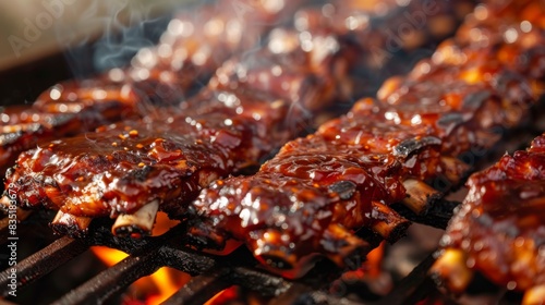 Close-up of juicy pork ribs marinated in a savory sauce, grilling over charcoal flames, with smoke rising and caramelization forming.